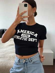 Camisata corta con estampado de letra para mujer sexy  Letras    Casual    Ninguno    Playa - Negro - Ver 4
