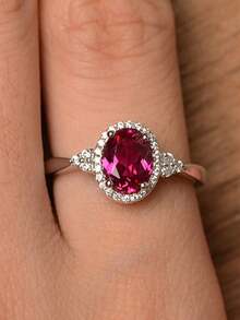 1 PC Elegant Promise Ring Set With Square Round Crimson Sparkling Water Diamond Wedding Jewelry For Bridal Party Decoration Perfect Anniversary Gift - 銀色 - 查看 3