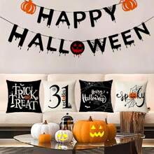 4 件万圣节枕套，万圣节快乐标语和蜘蛛网图案，卡通桃色天鹅绒单面印花靠垫套，拉链开合，不含枕芯，万圣节家居装饰，适用于家庭、客厅、沙发、床，18 X 18 英寸 - 黑與白 - 查看 5