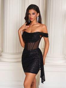Short Sequin Backless Cocktail Party Dress, Sexy Backless Prom Dress - Black - View 3