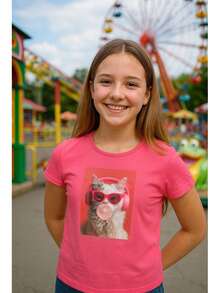 Playera Juvenil de Manga Corta en Tejido de Punto Estampada con Gato Moderno - Rosa coral - Ver 1