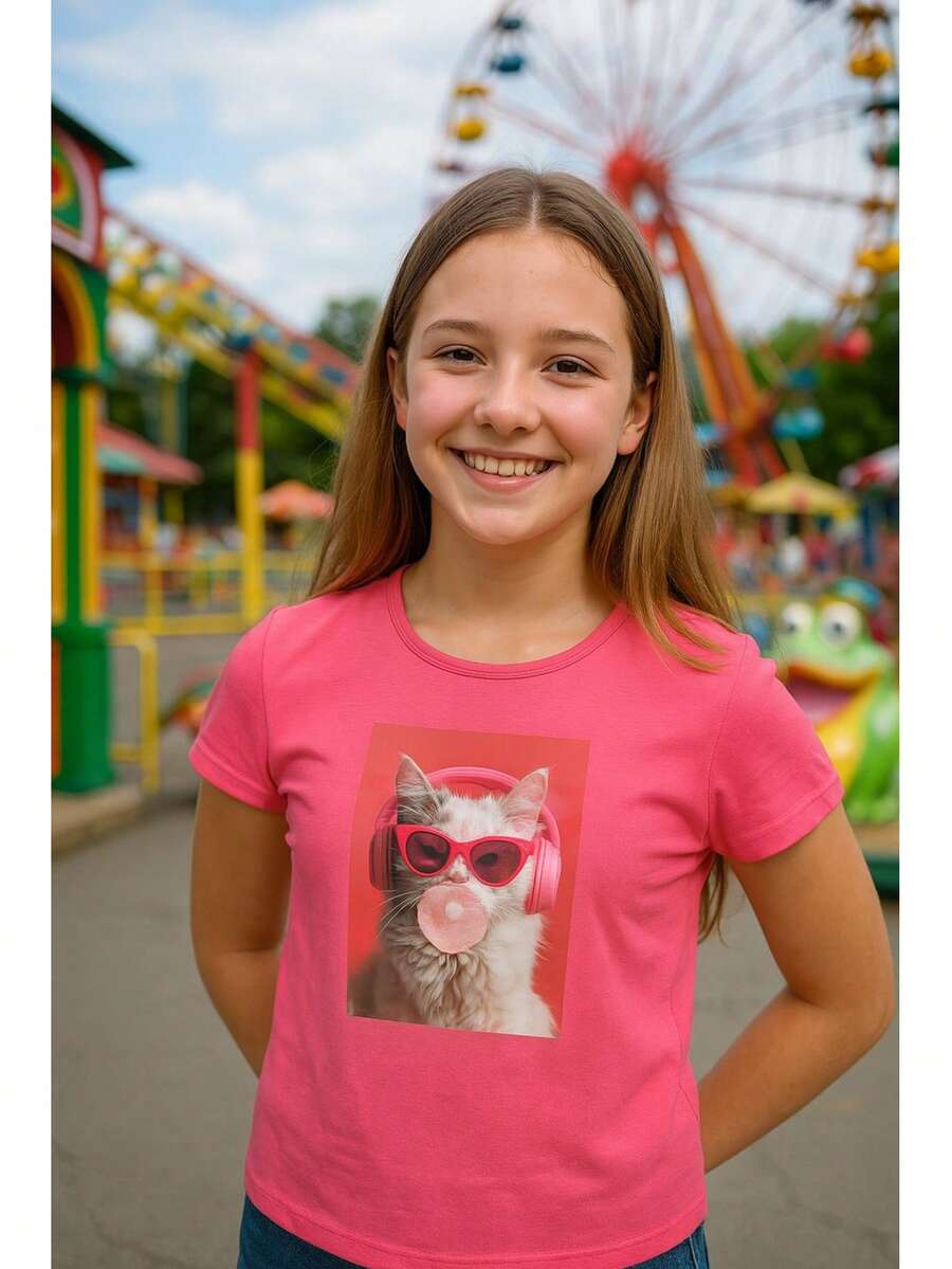Playera Juvenil de Manga Corta en Tejido de Punto Estampada con Gato Moderno - Rosa coral - Ver 1