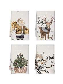 4pcs Christmas Themed Decorative Towels, Vintage Style Snowflake, Reindeer, Christmas Tree Pattern Fabric Decorative Dish Towels, Suitable For Christmas Fireplace, Dining Room, Kitchen, Christmas Decorations
