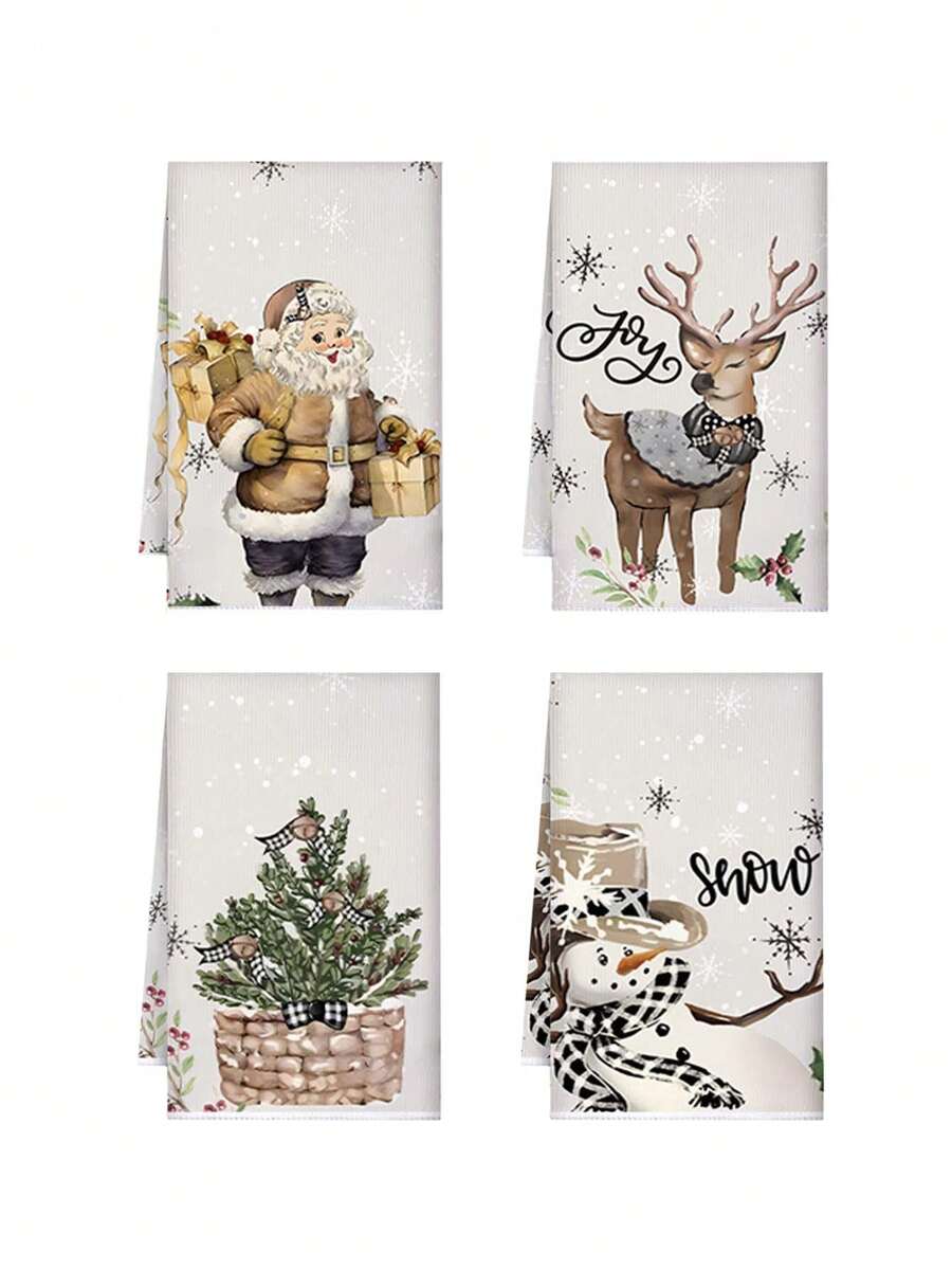 4pcs Christmas Themed Decorative Towels, Vintage Style Snowflake, Reindeer, Christmas Tree Pattern Fabric Decorative Dish Towels, Suitable For Christmas Fireplace, Dining Room, Kitchen, Christmas Decorations