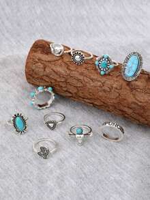 10 piezas Anillos apilables de aleación de zinc con estilo bohemio vintage, con incrustaciones de cactus y turquesa para mujeres - Plata antigua - Ver 4