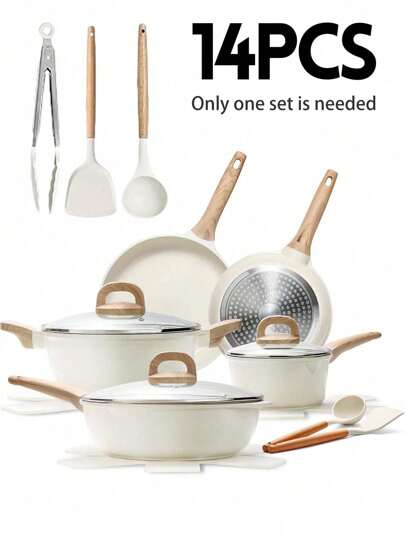 14-delars kokkärlsset, non-stick kastruller och stekpannor, granitmaterial, lämplig för induktionshäll, inkluderar stekpanna, gryta, wok, extra stor gryta, fri från PFAS, PTFE, PFOA, PFOS