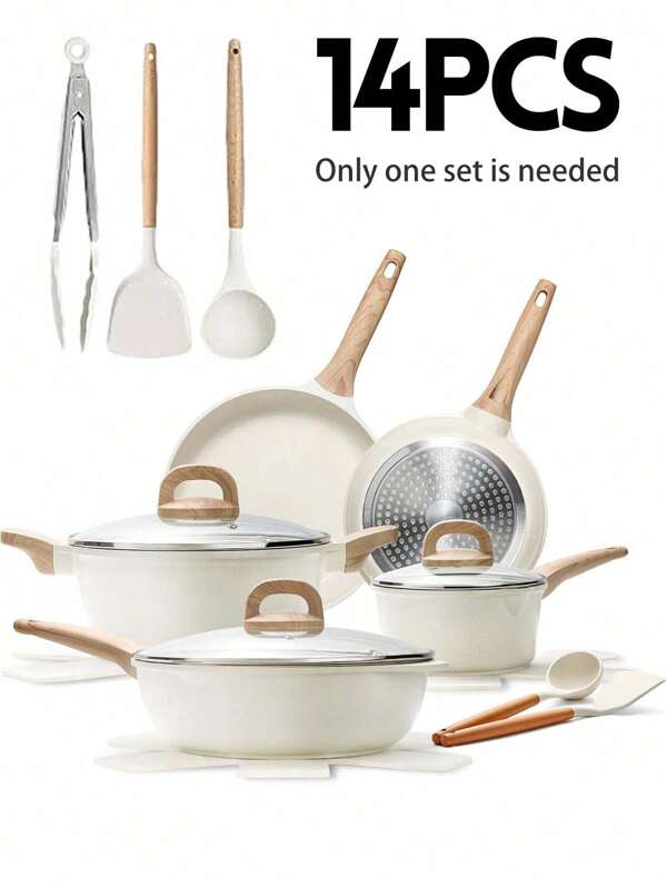 14 pièces Ensemble de casseroles et poêles, Batterie de cuisine antiadhésive, Batterie de cuisine en granit pour induction sans PFAS, PTFE, PFOA, PFOS