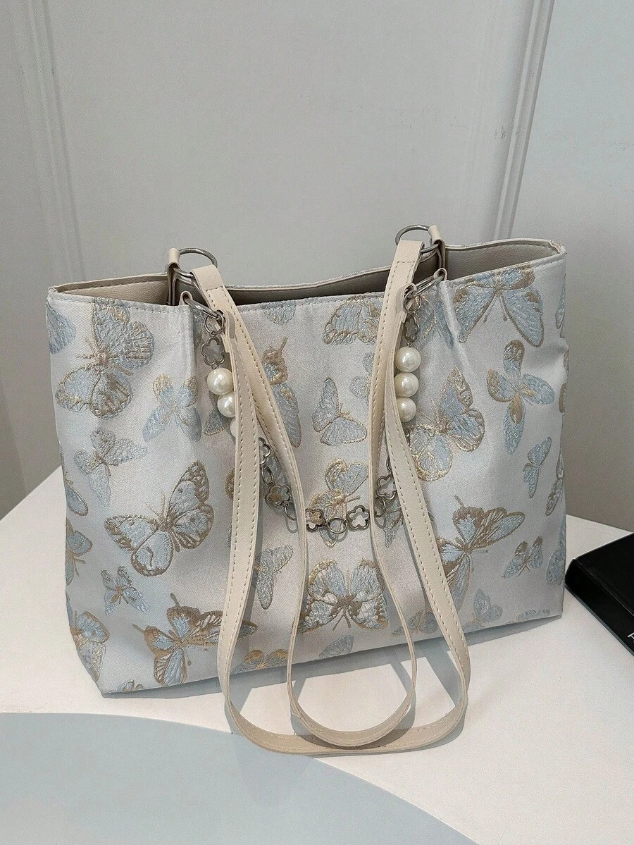 Frühlings-Neuheit, einfache unifarbene Schmetterling Damen Shopper Tasche mit großer Kapazität und Perlenkette - Blau - Übersicht 1
