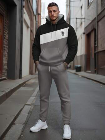 Men's Business Color Block Hoodie And Pants Set , Fall Clothes