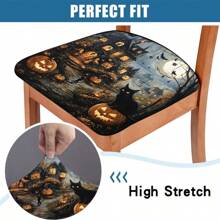 1/4/6/40 piezas Fundas de silla con estampado de gatitos, murciélagos y calabazas de temática de Halloween, de fibra de leche elástica y extraíble, para sillas de restaurante, cocina, comedor, hotel - Fundas de cojín de silla cuadradas extraíbles y suaves