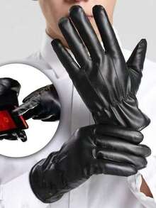 1 Pair Men's Warm Thermal Lined PU Leather Gloves, Waterproof Anti-Slip Outdoor Cycling Driving Gloves With Cuffs, Winter - Pleated PU - View 5