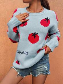 Sea Starshine Herbst/Winter Mode Lässig Pendeln Vielseitig Personalisiert Damen Tomatenmuster Farbblock Jacquard Langarm Pullover, geeignet für Herbst Country Musik Konzerte - Blau - Übersicht 1
