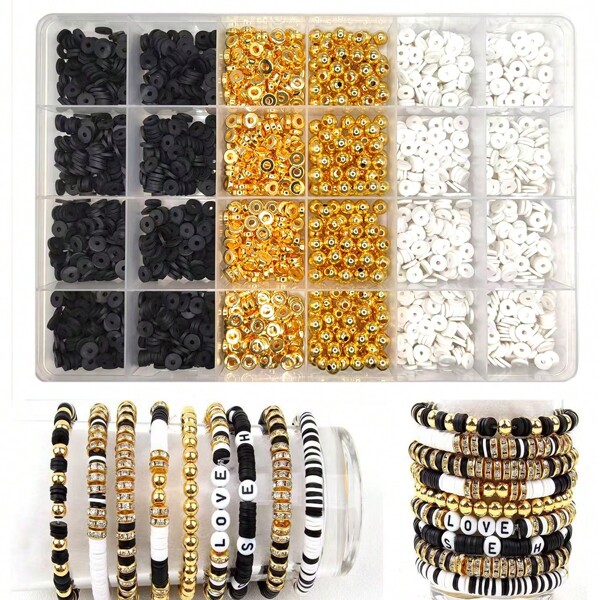 20150pcs Black & White Polymer Clay Beads And Golden Acrylic Spacer Beads Kit, Suitable For Making Delicate Couple Bracelets, Birthday Gifts, DIY Jewelry Accessories