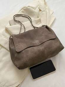 1pc Minimalist Retro Square Flap Metal Chain Shoulder Bag, Suitable For Women's Casual And Work Commute - Grey - View 3