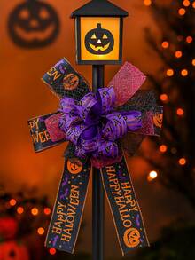 1 pieza Lazo de decoración de Halloween, estilo espeluznante, texto Feliz Halloween, lazo con estampado de telaraña, calabaza y sombrero de bruja, con capa de malla y purpurina, adecuado para coronas, puerta principal, paredes, ventanas, chimeneas, envolver regalos, decoración de fiestas, decoración de entrada de casa embrujada, decoración del hogar, decoración de la habitación - Multicolor - Ver 10