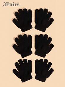 3 Paar einfarbige Kinderhandschuhe, Kinder Winter Vollfingerhandschuhe gestrickt, Kinder elastische warme Handschuhe, Unisex Jungen & Mädchen, Schwarz - Stil 1 - Übersicht 7