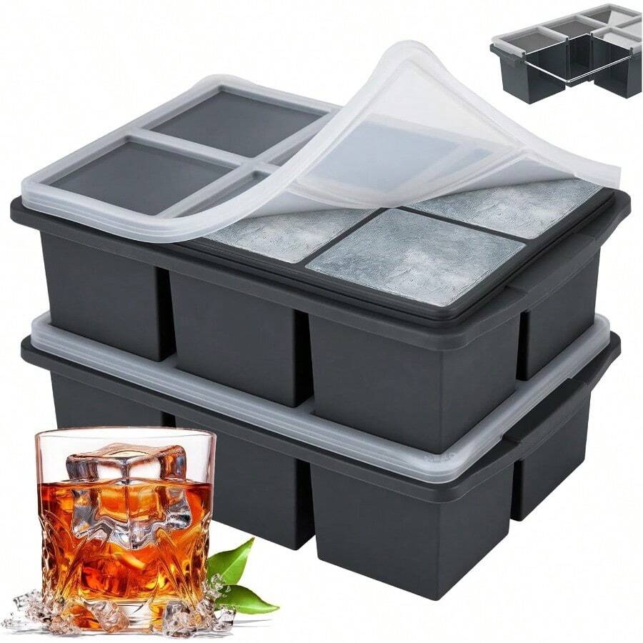 SDGSDFGSDF Ice Cube Trays For Whiskey, Silicone Ice Cube Tray, With Reinforced Steel Ring Top, Makes 12 Perfect 2-In Ice Cubes, Square Ice Tray For Cocktails, Whiskey, Coffee. (2 Pack)