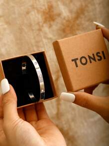 TONSI 1 件扣手镯，18K 镀金不锈钢袖口手镯，带方晶锆石心形元素，女士珠宝礼盒，生日/节日礼物