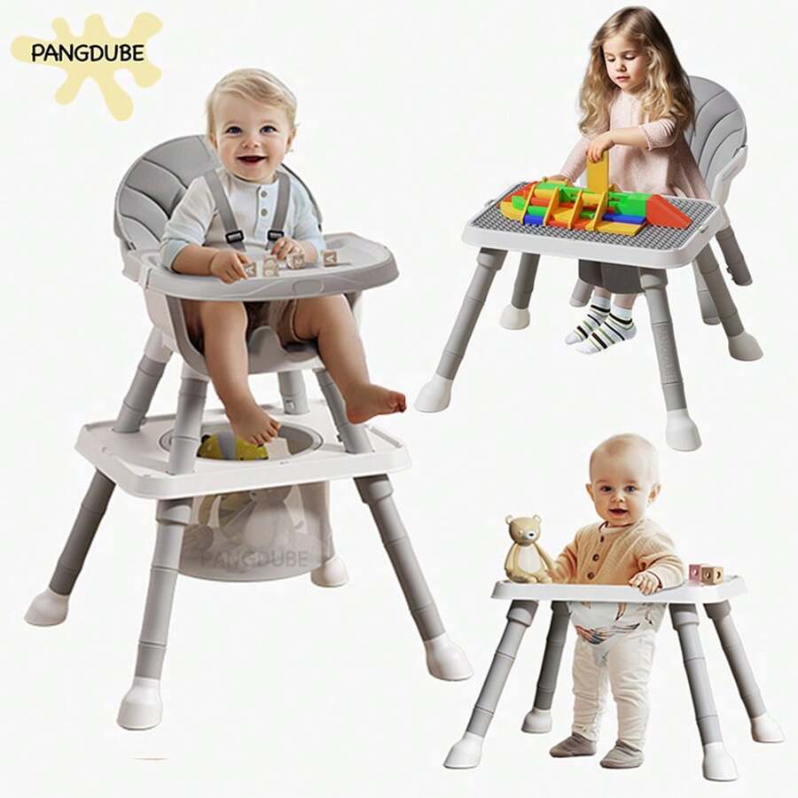 PANGDUBE 7-In-1 Baby High Chair – Dining Table, Learning Chair, Building Blocks Table & Standing Trainer – Adjustable Children's Chair With Anti-Tip Safety, 5-Point Harness & Storage Basket (0-6 Years) - Grey - View 1