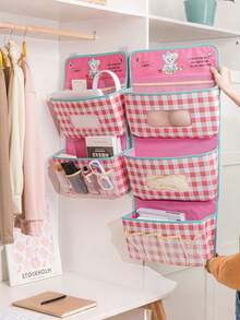 1pc Pink/Green Cartoon Pattern Fabric Two-Layer/Three-Layer Wall Mounted Large Capacity Storage Bag, With Pockets And A Storage Basket With Adhesive Hooks, Flexible And Convenient Wall Mounted Storage Bag,Bedroom Room Decor,Back To School - Multicolor - View 3