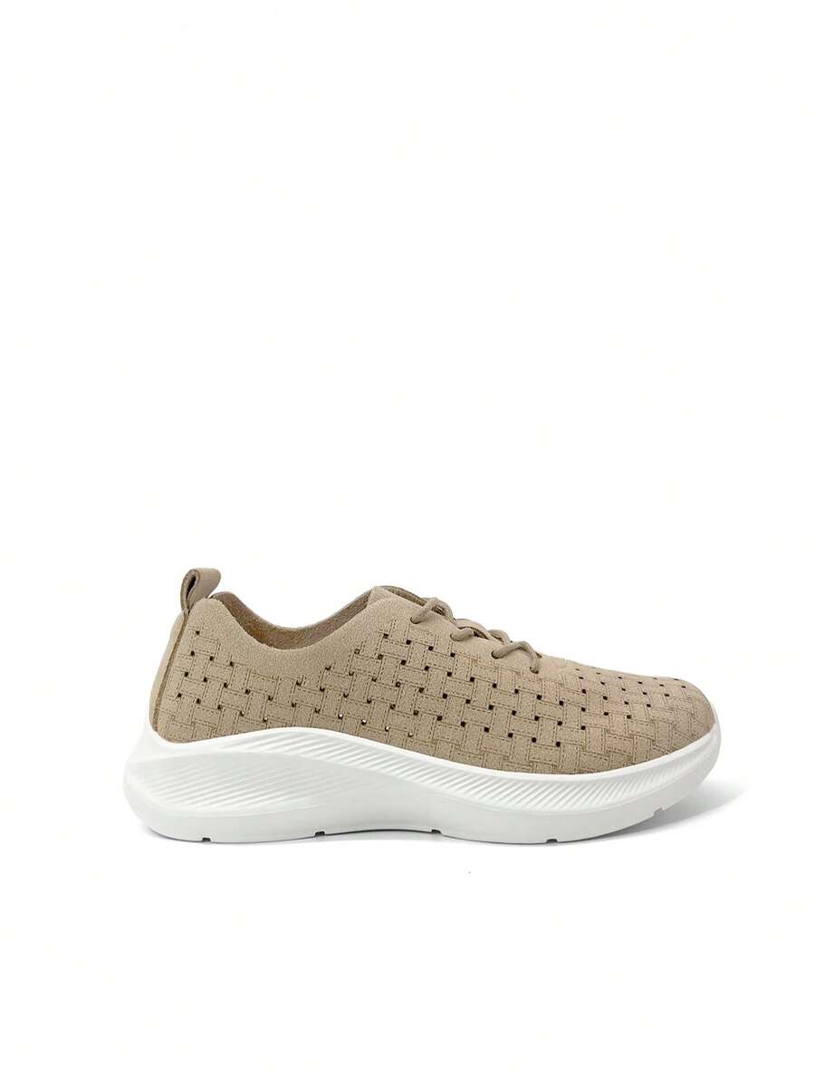 RevReaL Lightweight Knit Lace-Up Sneakers with Contrast Sole純色Preppy學院 - 卡其色 - 查看 1