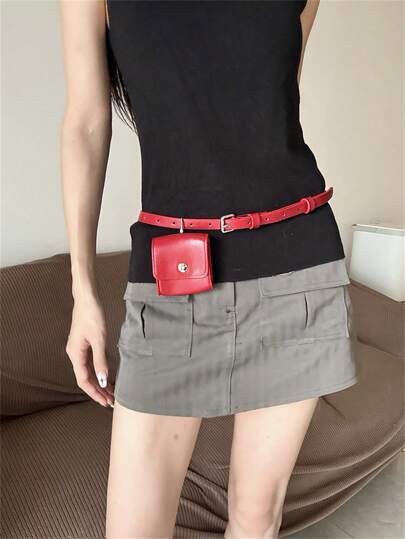 1pc Korean Style Faux Leather Integrated Waist Belt Bag, Minimalist Design Accessory, Mini Pouch Suitable For Daily Wear, All Seasons Fall, Autumn, Halloween