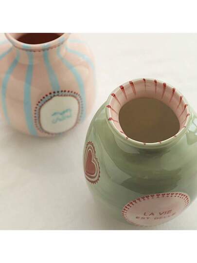 1pc painted Asymmetrical Ceramic Flower Vase, Roze Groen Heart Pattern Home Accessory Room Glass Vase view 9
