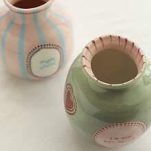 Joivida 1pc Handpainted Asymmetrical Ceramic Flower Vase, Pink & Green Heart Pattern Vase, Home Decor Accessory - Multicolor - View 9