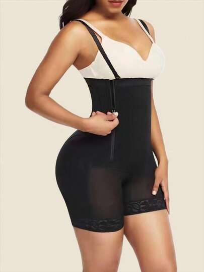 1pc Detachable Shoulder Strap Shapewear With Camisole, High Waist, Side Zipper, Waist Cinching Pants, Crotch Opening, Zipper Waistband, Tight Fitting Corset Pants