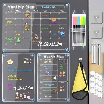 Fridge Calendar, Magnetic Calendar For Refrigerator, Clear Acrylic Dry Erase Board Whiteboard Magnetic Planning Boards Set, Includes 6 Colors Markers, Magnet Pen Holder, Towel