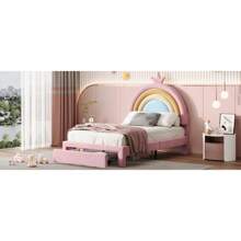 Twin Size Rainbow Velvet Bed - Princess Style Upholstered Platform With Hidden Storage Drawer, Playful Pink & Multicolor Accents