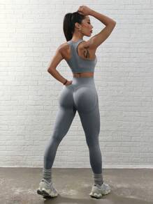 无缝瑜伽基本款运动背心和紧身裤 - 淺灰色 - 查看 4