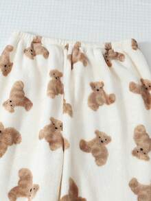 1pc Women's Cute Apricot Teddy Bear Print Thermal Lined Soft & Comfortable Flannel Fluffy Pajama Pants, Autumn/Winter