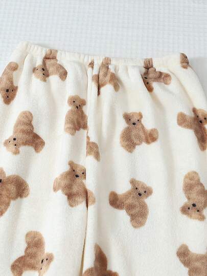 1pc Schattige Apricot Teddy Bear Print Thermal Lined Zachte Com Tafel Flannel Fluffy Pajama Pants, Cozy view 3