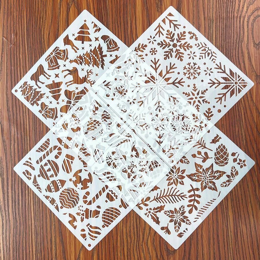 4/6pcs Christmas Snowflake Texture Hollow Painting Template, Christmas Leaves, Bells, Candy Canes, Flowers Stencils For Christmas Decoration On Wood, Glass, Fabric, Paper, Plastic, Reusable And Washable