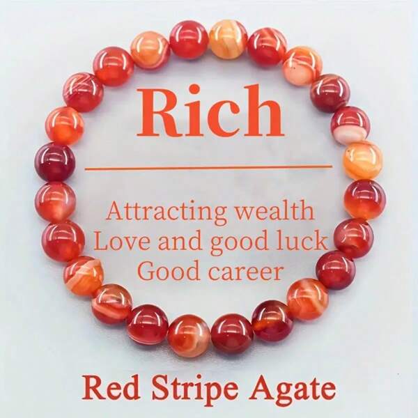1 pieza Brazalete de ágata roja rayada natural | Brazalete elástico para parejas para hombres y mujeres | Brazalete elegante y de moda para damas y caballeros | Regalo para el Día de San Valentín y días festivos | Accesorio seguro para uso diario y de fiesta | Pequeño regalo sorpresa