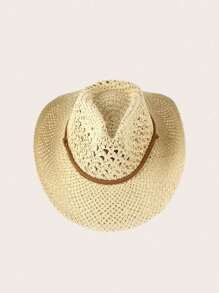 قبعة قش بوهيمية عادية ذات لون واحد مفرغة، قبعة كاوبوي غربية، تصميم بسيط وعملي، مقاومة للرياح بنظام ربط، مناسبة للجنسين وجميع المواسم