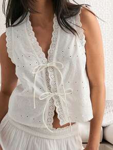 Women's Bow Tie Front Tank Tops Sleeveless V-Neck Eyelet Embroidery Vest Casual Summer Shirts Camisole Tops - 白色 - 查看 3