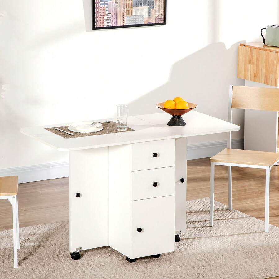 HOMCOM Folding Dining Table For 4-6, Rolling Drop Leaf Table On Wheels With Storage Drawers, Cabinet And Open Shelf For Kitchen, Dining Room, White - White - View 1
