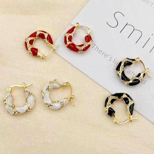 3 - Color Enamel Hoop Earrings Set | Gold - Tone Vintage - Inspired Design | Red/White/Black Styles For Daily Wear & Office - Friendly Women's Jewelry