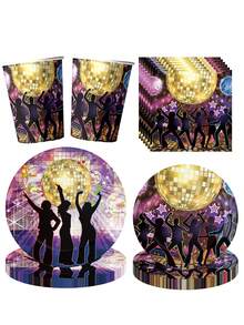 10 piezas Platos, servilletas y vasos de fiesta disco de los 70s, decoración de fiesta de cumpleaños con tema de baile disco de los 80s y 90s, juego de vajilla para fiestas de cumpleaños con amigos, fiestas festivas, decoraciones de cumpleaños