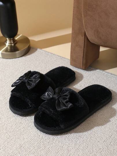 四季露趾蝴蝶结毛绒拖鞋，适合女士和情侣，轻便、防滑、舒适、透气的室内拖鞋