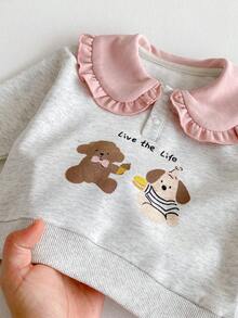 2pcs/Set Baby Girls Cute Bear & Dog Print Ruffle Collar Sweatshirt + Pink Drawstring Pants Casual Loose Outfit, Spring/Autumn