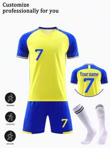 2pcs Personalized Name/Team Custom Youth Soccer Jersey Set, Casual Outfit For Teenagers, Riyadh Victory #7 Name Print - Boys Set - Children Set/Short Sleeve And Shorts Set, Sportswear/Training Suit And Casual Wear, Outdoor Perfect Choice,Customized Boys Sports & Entertain Wear,Warm Ambience,Kids,Urban Gala