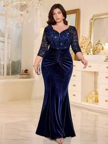 大码优雅甜心领亮片花卉蕾丝拼接立体花卉撞色天鹅绒褶皱美人鱼裙摆正式晚宴礼服，适合婚礼宾客、生日、毕业典礼、晚宴等场合。 - 藏蓝色 - 查看 2