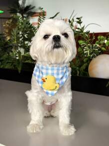 1pc 3D Little Yellow Duck & Blue/White Plaid Pet Bandana, Suitable For Small Dogs And Cats - Multicolor - View 4
