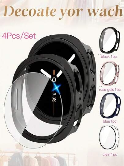 适用于 Galaxy Watch 8 (40mm/44mm) 的四合一屏幕保护膜套装，包含硬质 PC 边框、高清防雾钢化玻璃屏幕保护膜以及边框保护盖，男女通用