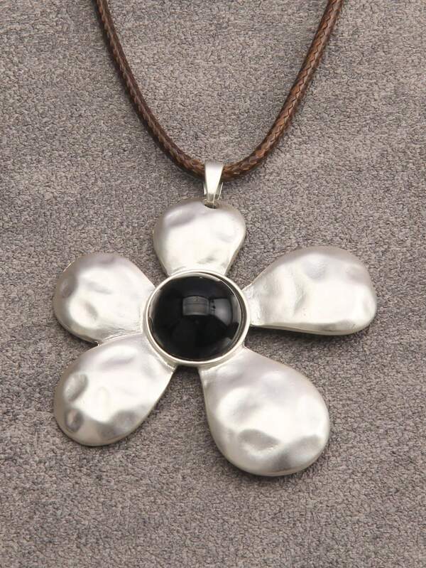 1 Stück minimalistischer silberner asymmetrischer Sonnenblumen Legierung Anhänger Halskette, verstellbare Wachskordel Halskette, modischer Alltagsschmuck für Mädchen und Frauen