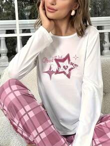 1 piesă de noapte pentru femei cu guler rotund și mânecă lungă, imprimeu cu stele, iarnă