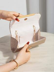 Túi cầm tay đính vải kim loại sang trọng quyến rũ có khóa từ, túi xách dự tiệc thời trang thanh lịch có dây đeo xích, thích hợp cho tiệc sinh nhật, tiệc tùng và đám cưới của phụ nữ - Vàng - Xem 6